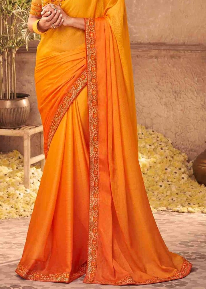 Shades Of Orange Designer Embroidered Satin Silk Saree with Sequence work | Stitched Blouse - qivii