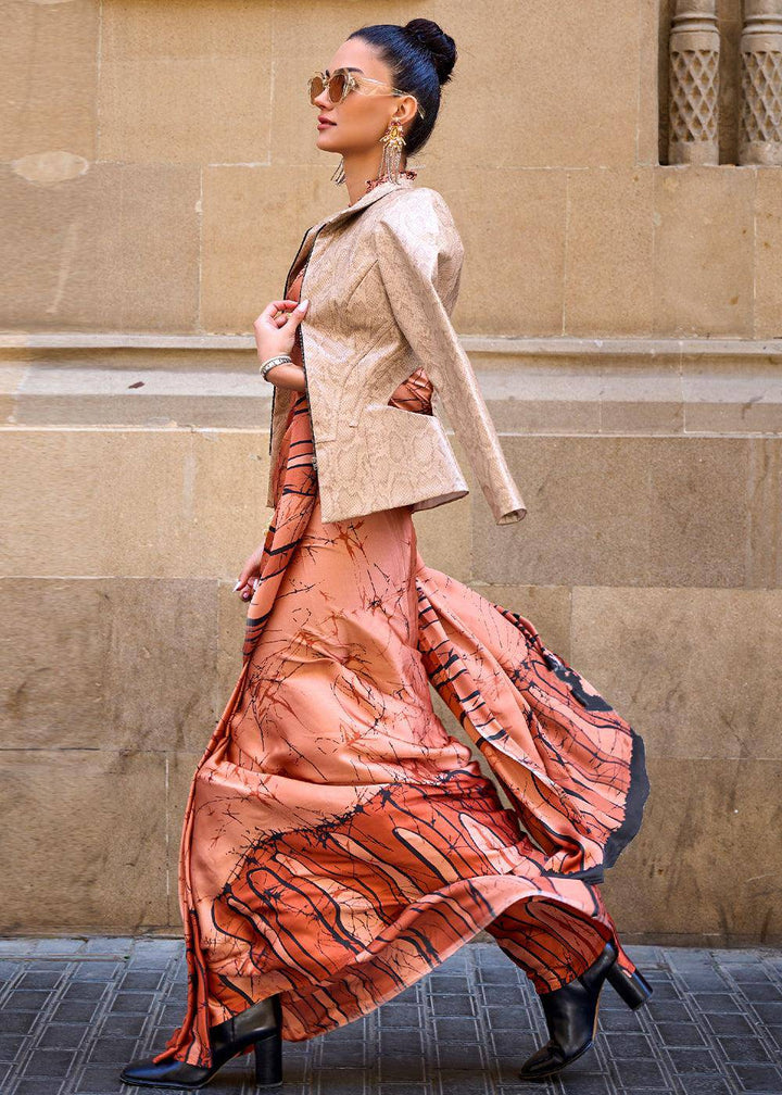 Shades Of Orange Designer Satin Crepe Printed Saree | Stitched Blouse - qivii