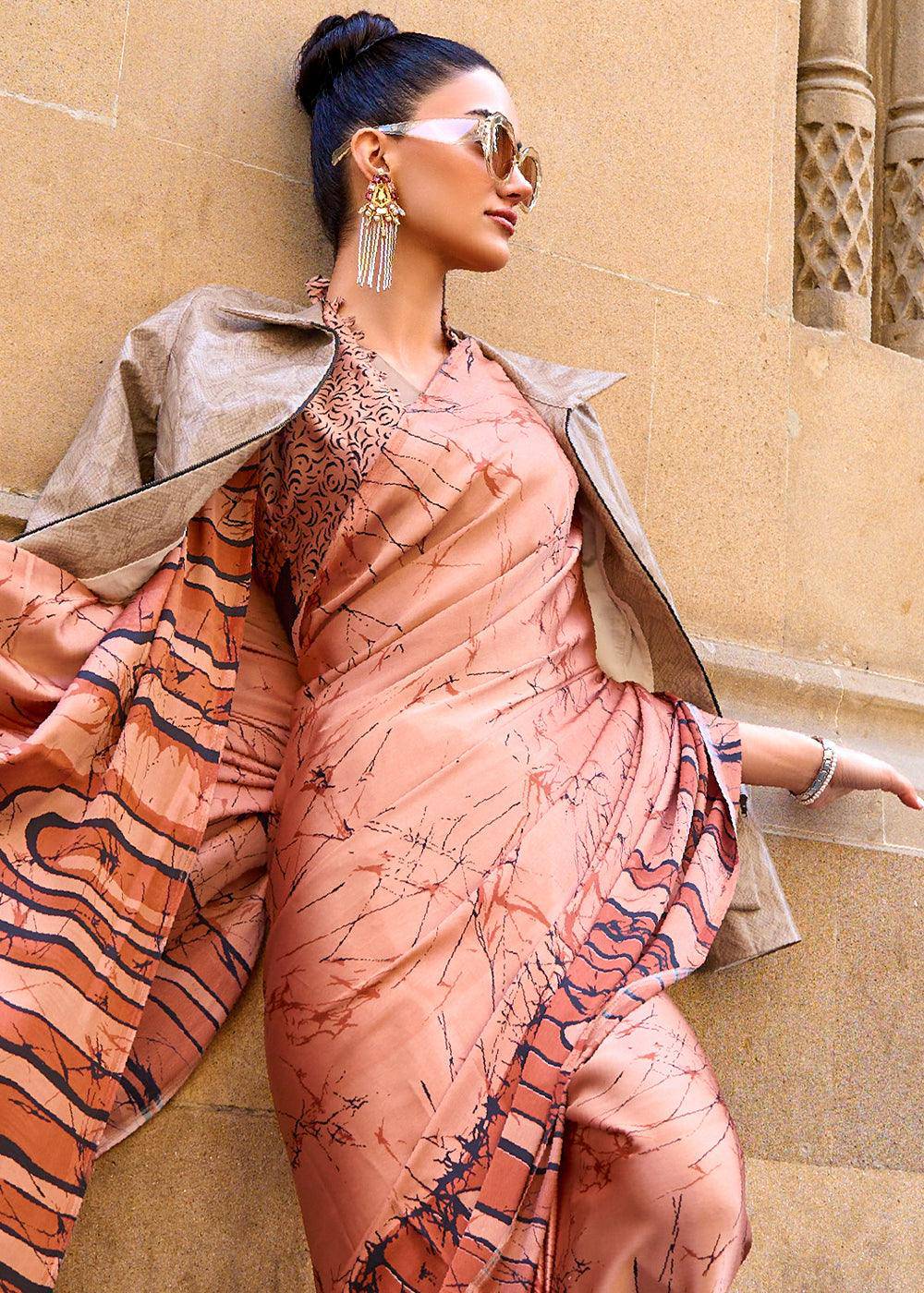 Shades Of Orange Designer Satin Crepe Printed Saree | Stitched Blouse - qivii