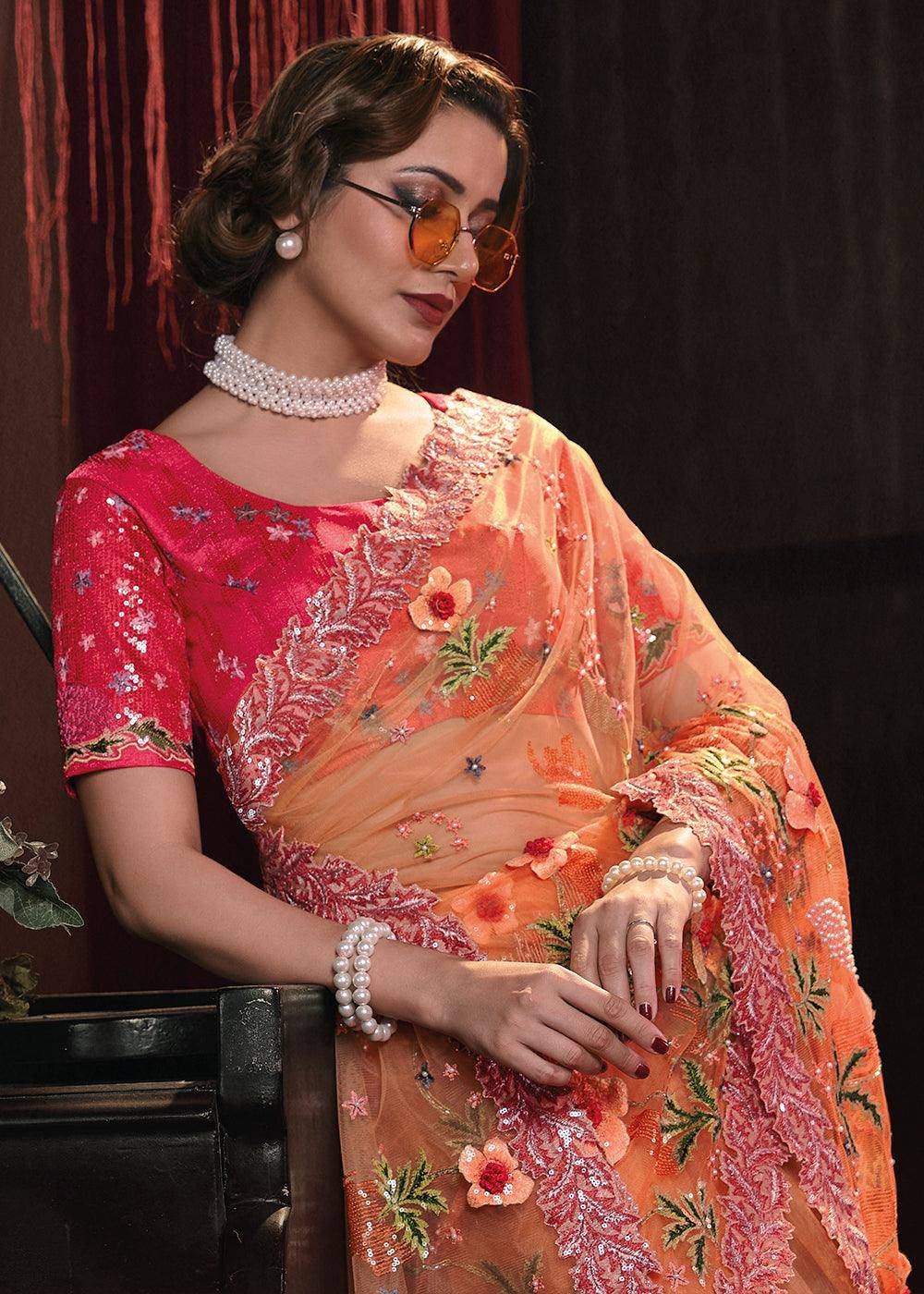 Shades Of Orange Digital Net Saree with Thread, Sequence,Zarkan,Moti and Flower Applique work | Stitched Blouse - qivii