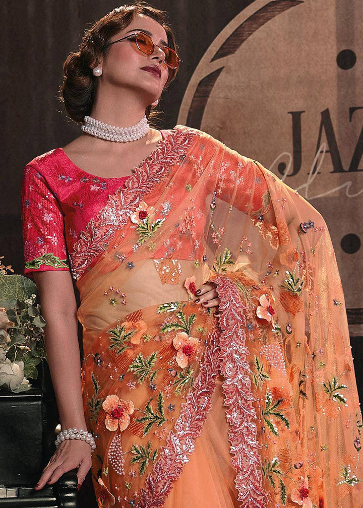 Shades Of Orange Digital Net Saree with Thread, Sequence,Zarkan,Moti and Flower Applique work | Stitched Blouse - qivii