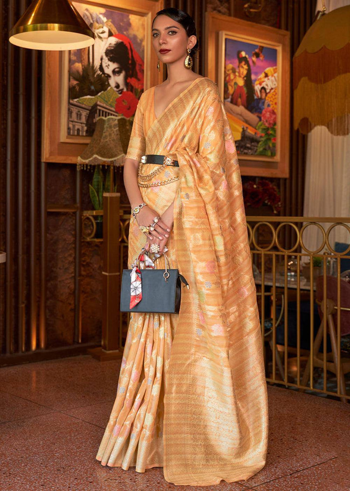 Shades Of Orange Handloom Weaving Linen Silk Saree | Stitched Blouse - qivii