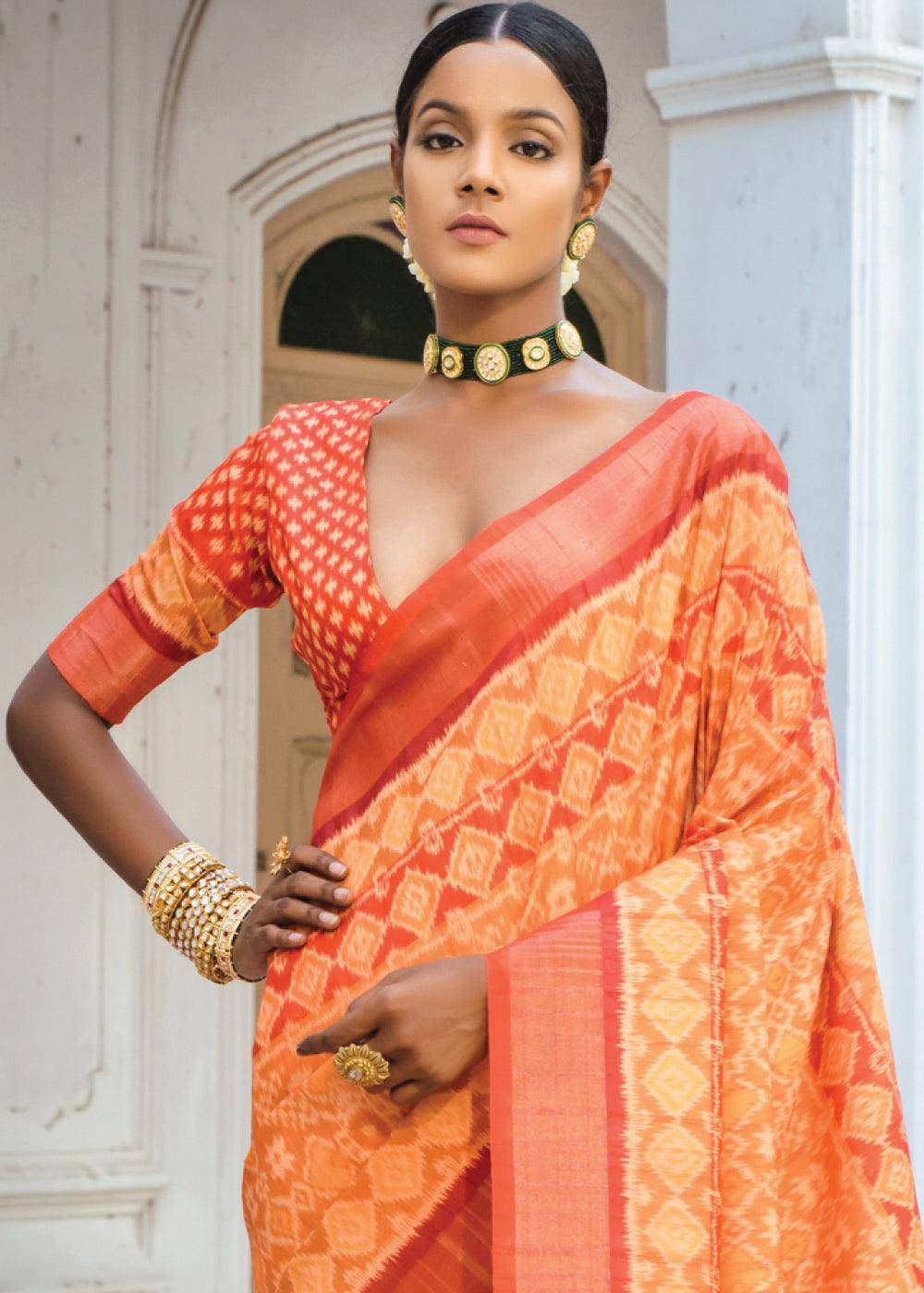 Shades Of Orange Patola Printed Dola Silk Saree | Stitched Blouse - qivii