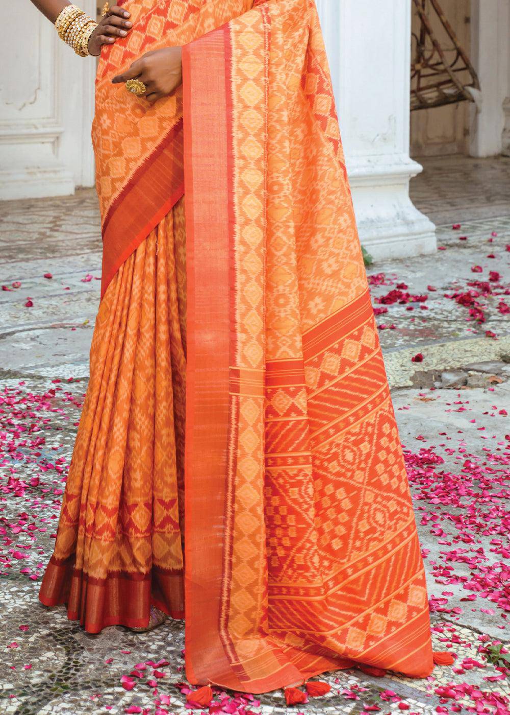 Shades Of Orange Patola Printed Dola Silk Saree | Stitched Blouse - qivii