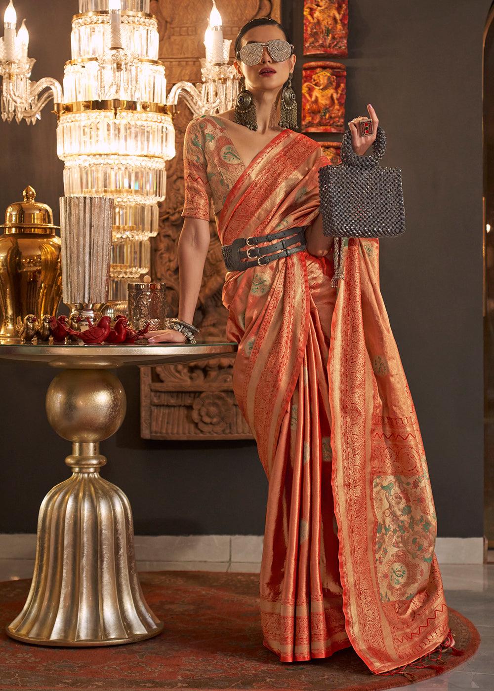 Shades Of Orange Zari Handloom Woven Designer Silk Saree - qivii