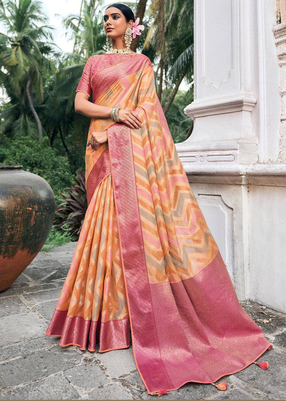 Shades Of Orange Zari Woven Organza Silk Saree | Stitched Blouse - qivii