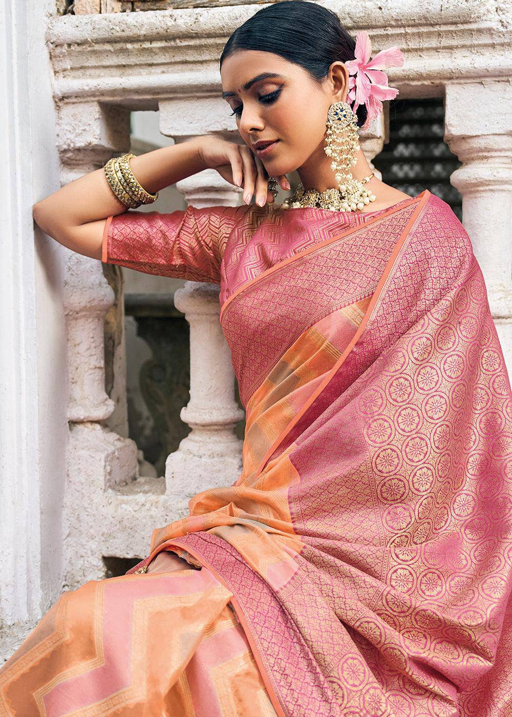 Shades Of Orange Zari Woven Organza Silk Saree | Stitched Blouse - qivii