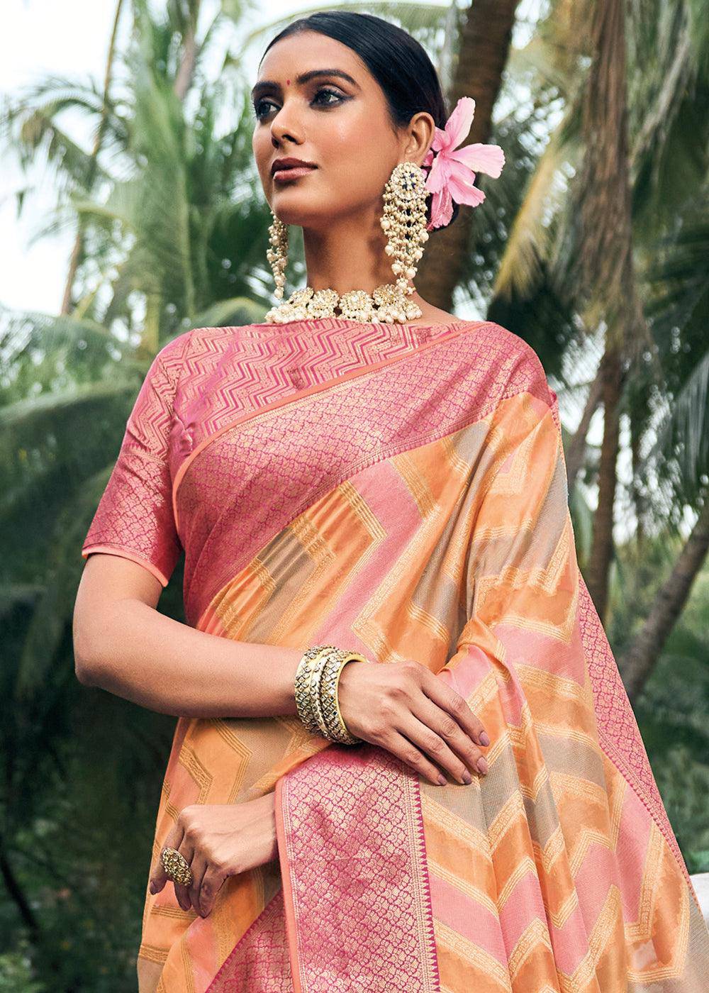 Shades Of Orange Zari Woven Organza Silk Saree | Stitched Blouse - qivii