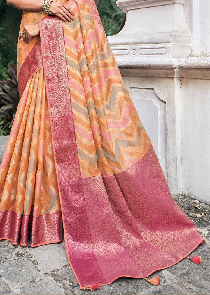 Shades Of Orange Zari Woven Organza Silk Saree | Stitched Blouse - qivii