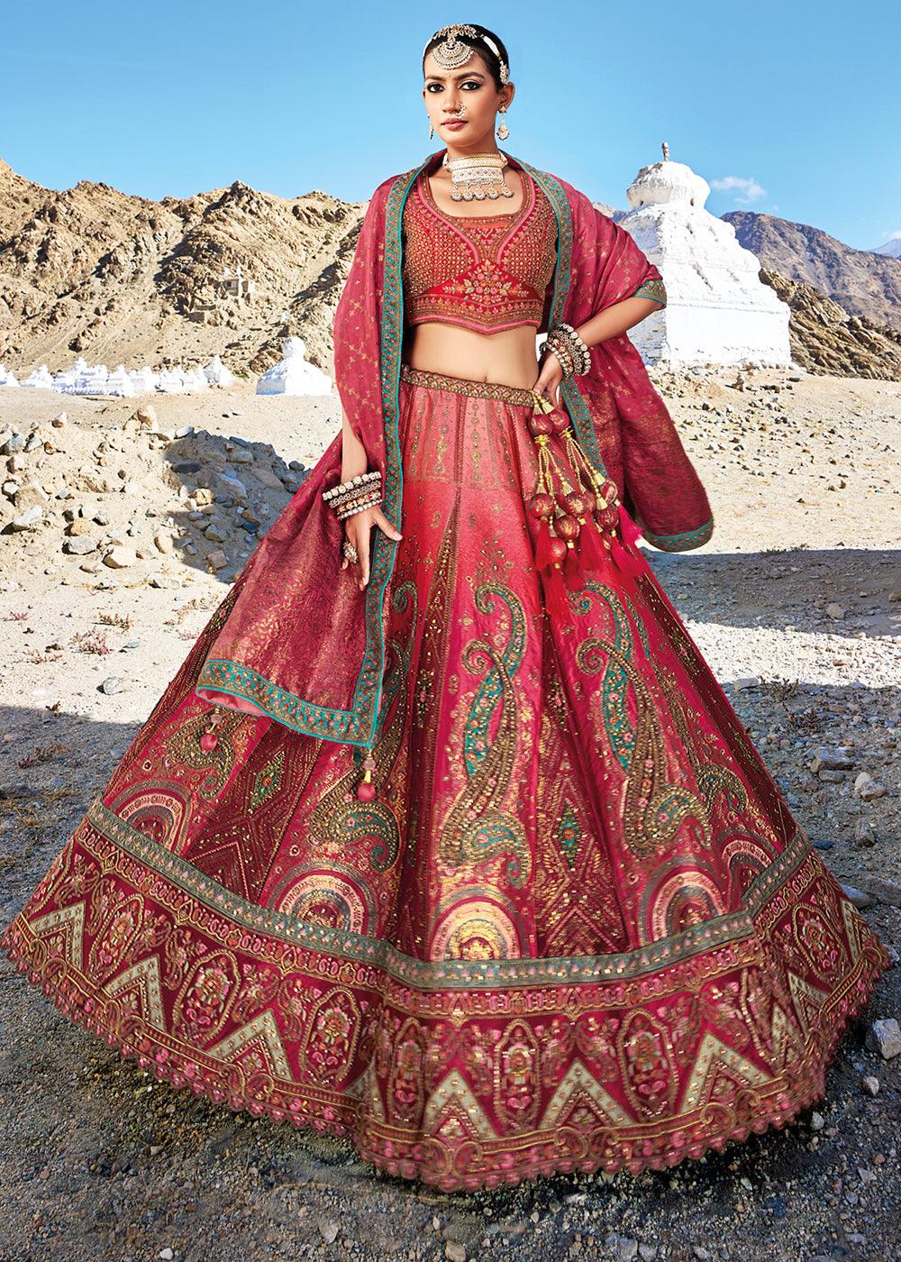 Shades Of Pink Banarasi Jacquard Silk Lehengas with Cut Work & Hand Work Embroidery - qivii