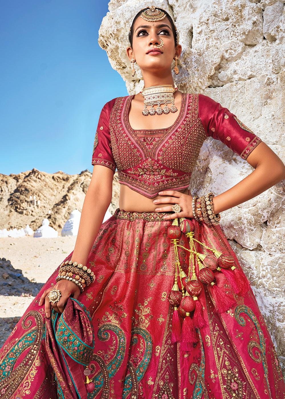 Shades Of Pink Banarasi Jacquard Silk Lehengas with Cut Work & Hand Work Embroidery - qivii