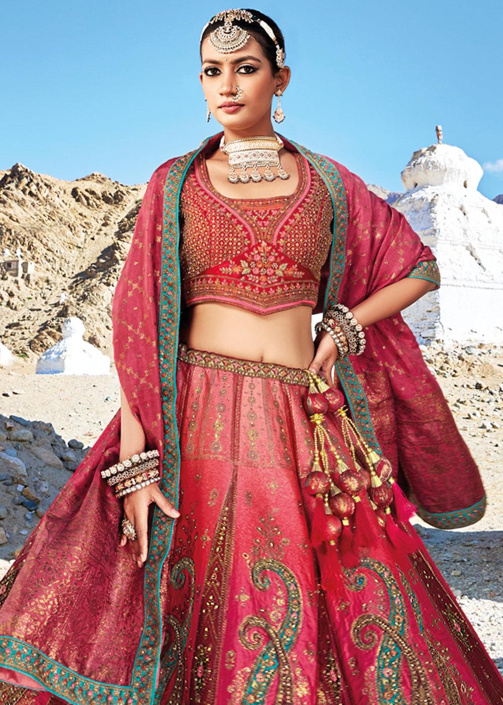 Shades Of Pink Banarasi Jacquard Silk Lehengas with Cut Work & Hand Work Embroidery - qivii