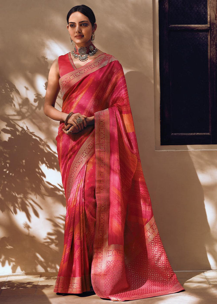 Shades Of Pink Bandhani Printed Woven Viscose Silk Saree - qivii