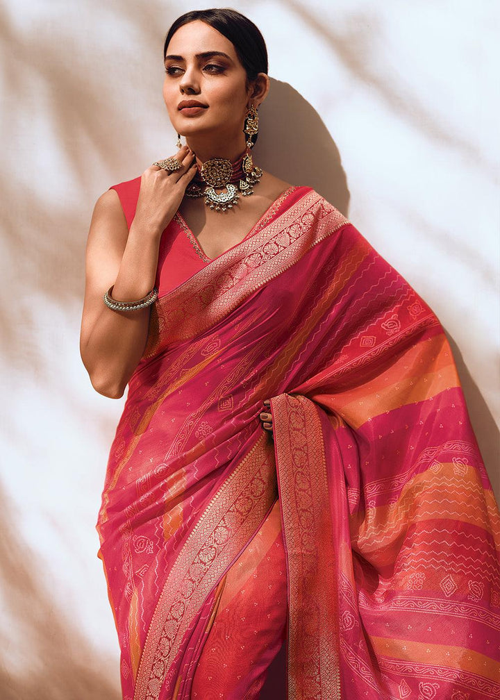 Shades Of Pink Bandhani Printed Woven Viscose Silk Saree - qivii