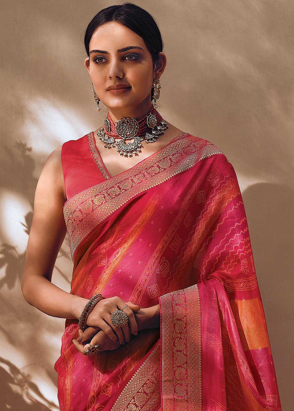 Shades Of Pink Bandhani Printed Woven Viscose Silk Saree - qivii