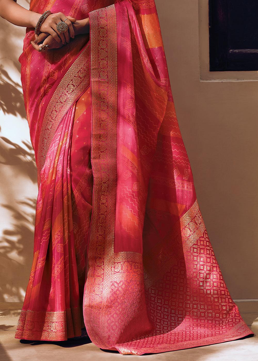 Shades Of Pink Bandhani Printed Woven Viscose Silk Saree - qivii