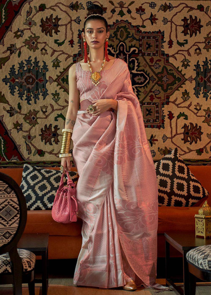 Shades Of Pink Copper Zari Handloom Weaving Silk Saree | Stitched Blouse - qivii