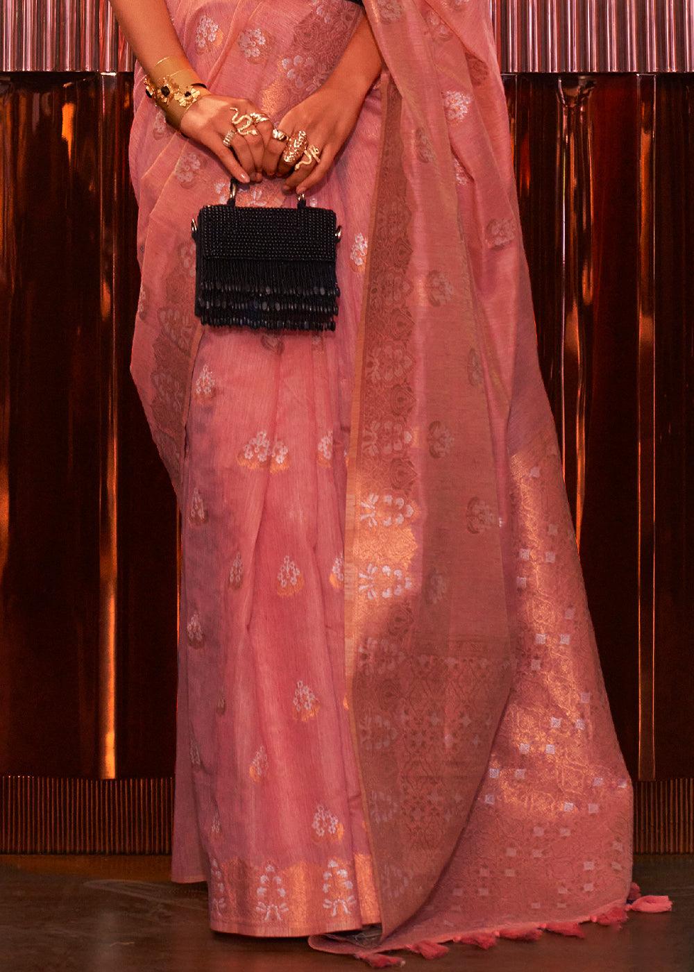 Shades Of Pink Copper Zari Woven Linen Silk Saree - qivii