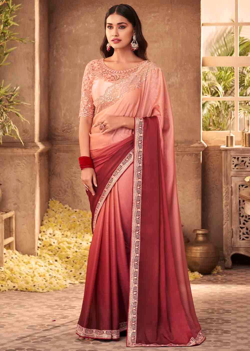 Shades Of Pink Designer Embroidered Satin Silk Saree with Sequence work | Stitched Blouse - qivii