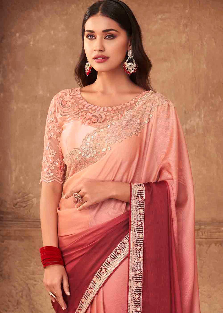 Shades Of Pink Designer Embroidered Satin Silk Saree with Sequence work | Stitched Blouse - qivii