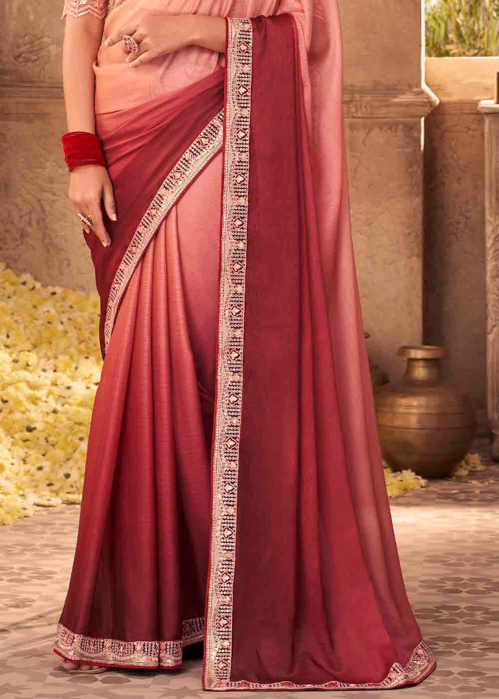 Shades Of Pink Designer Embroidered Satin Silk Saree with Sequence work | Stitched Blouse - qivii