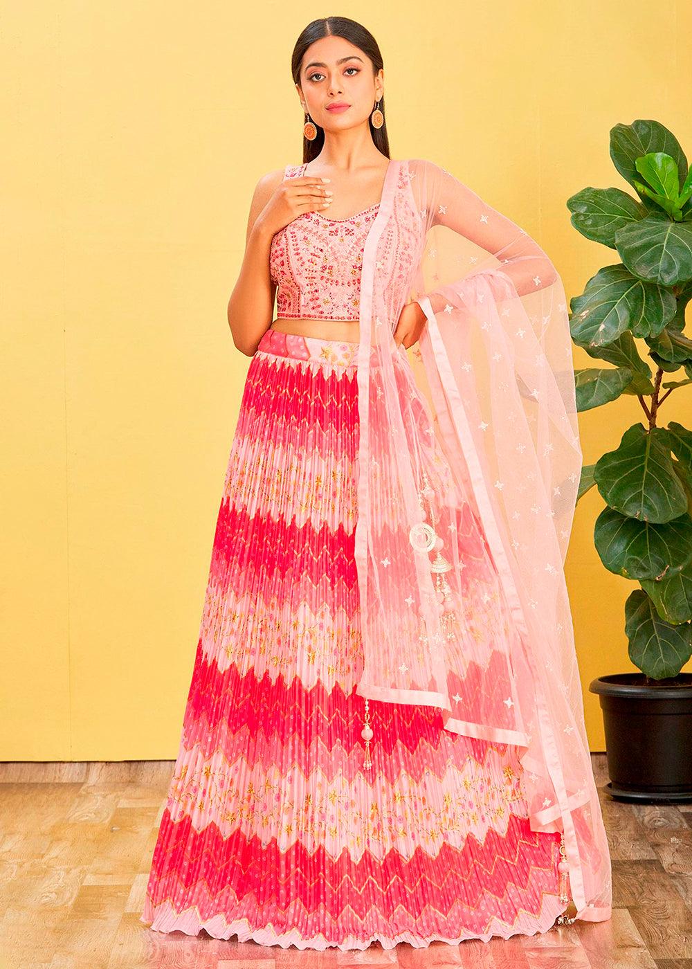 Shades Of Pink Digital Printed Chinnon Lehenga with Thread,Zari & Sequins Work - qivii