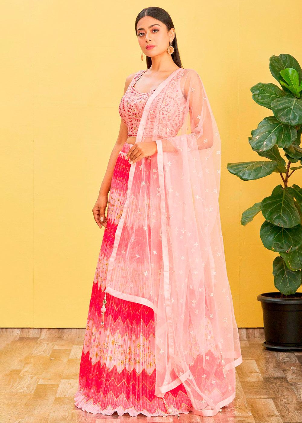 Shades Of Pink Digital Printed Chinnon Lehenga with Thread,Zari & Sequins Work - qivii