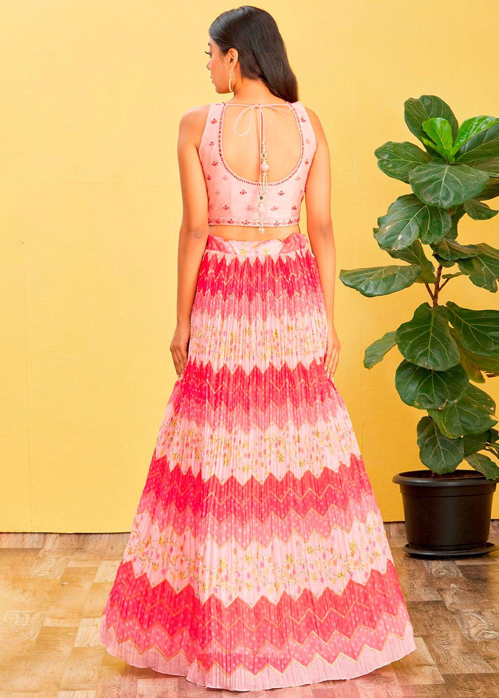 Shades Of Pink Digital Printed Chinnon Lehenga with Thread,Zari & Sequins Work - qivii