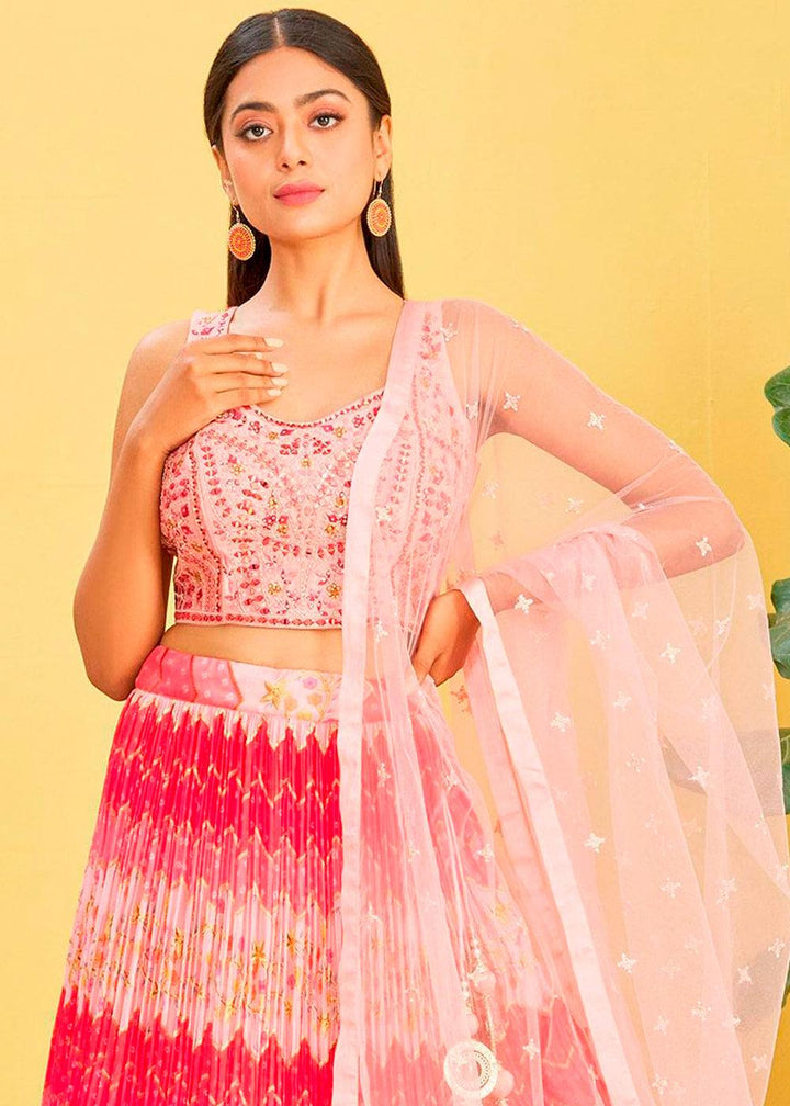 Shades Of Pink Digital Printed Chinnon Lehenga with Thread,Zari & Sequins Work - qivii