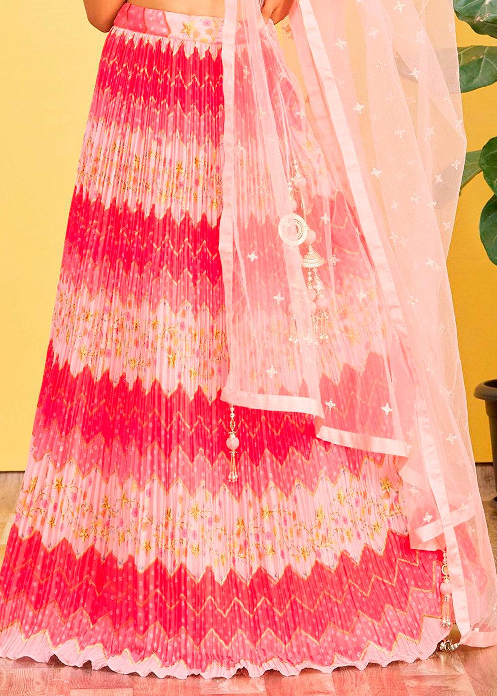 Shades Of Pink Digital Printed Chinnon Lehenga with Thread,Zari & Sequins Work - qivii