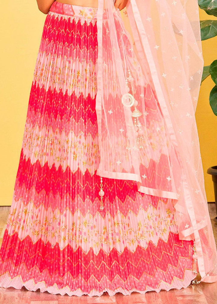 Shades Of Pink Digital Printed Chinnon Lehenga with Thread,Zari & Sequins Work - qivii