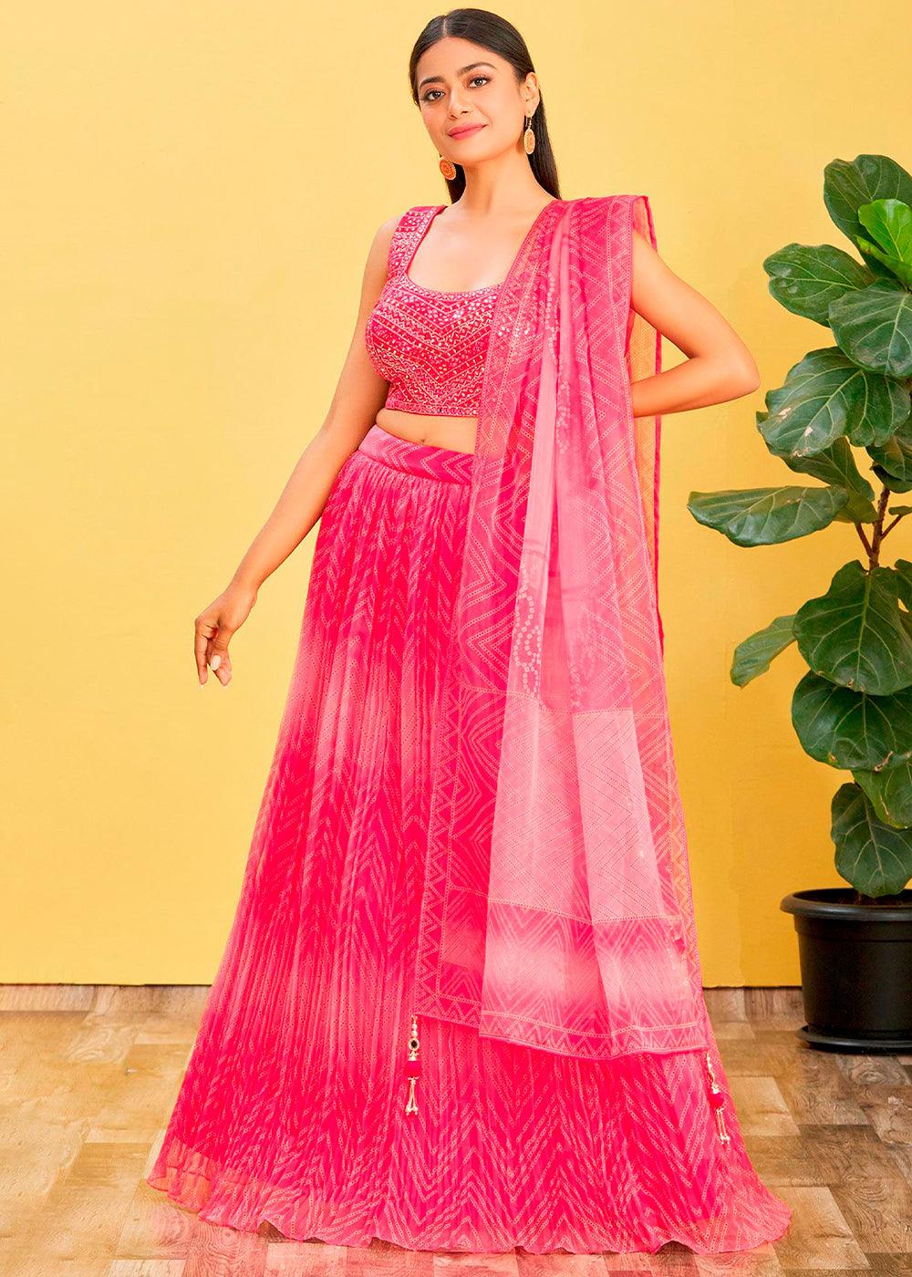 Shades Of Pink Digital Printed Organza Lehenga with Thread,Zari & Sequins Work - qivii