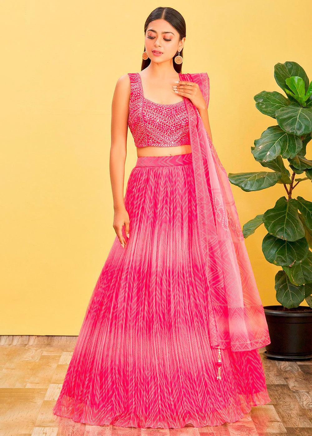 Shades Of Pink Digital Printed Organza Lehenga with Thread,Zari & Sequins Work - qivii