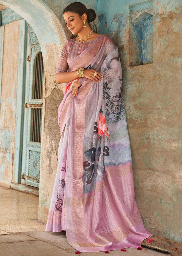 Shades Of Pink Floral Printed linen Saree with Zari Border | Stitched Blouse - qivii