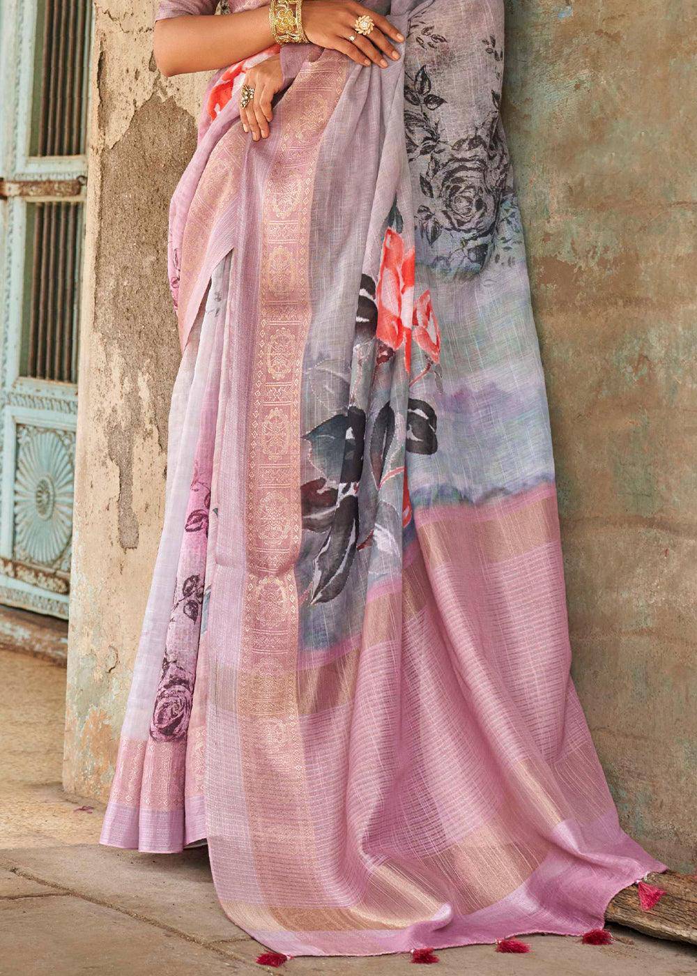 Shades Of Pink Floral Printed linen Saree with Zari Border | Stitched Blouse - qivii