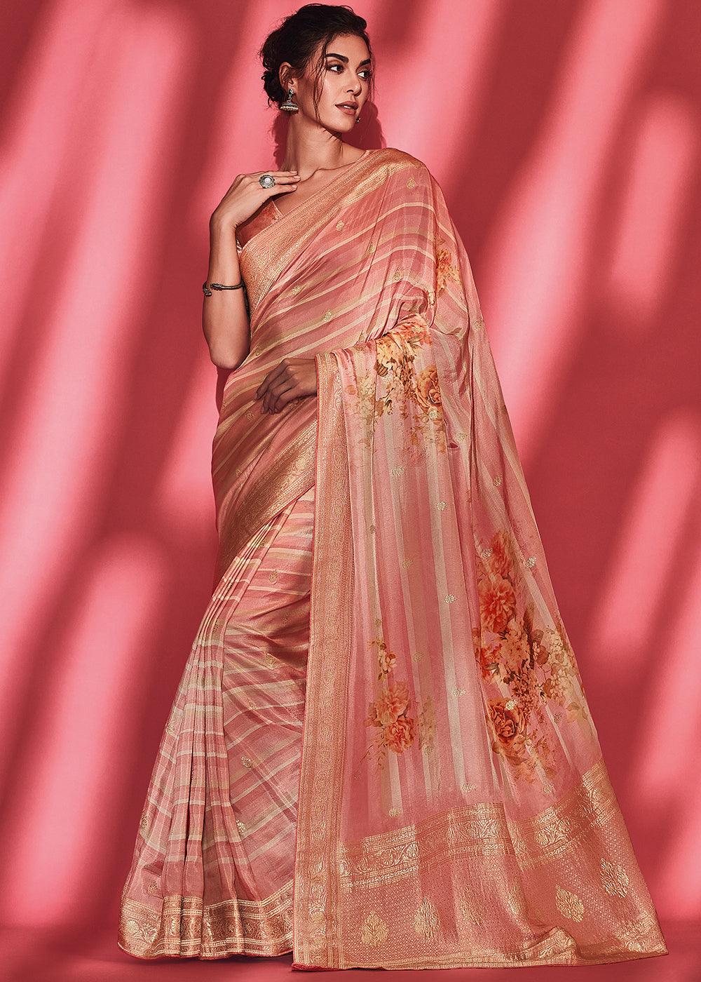 Shades Of Pink Floral Printed Woven Viscose Silk Saree - qivii