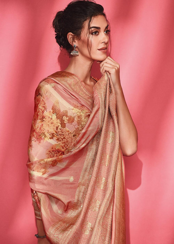 Shades Of Pink Floral Printed Woven Viscose Silk Saree - qivii