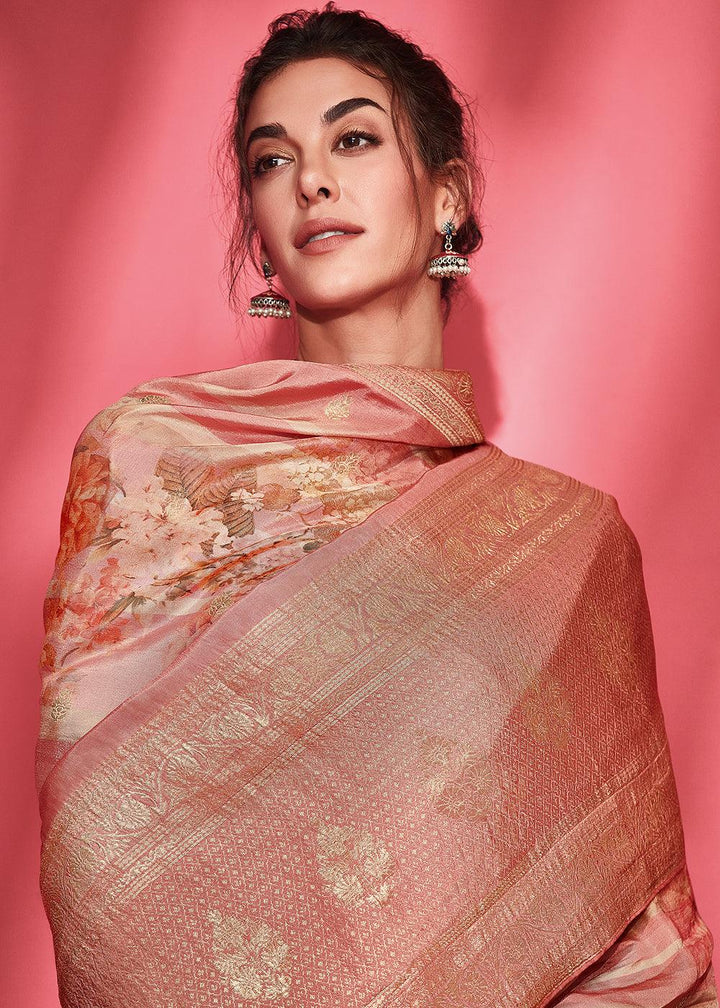 Shades Of Pink Floral Printed Woven Viscose Silk Saree - qivii