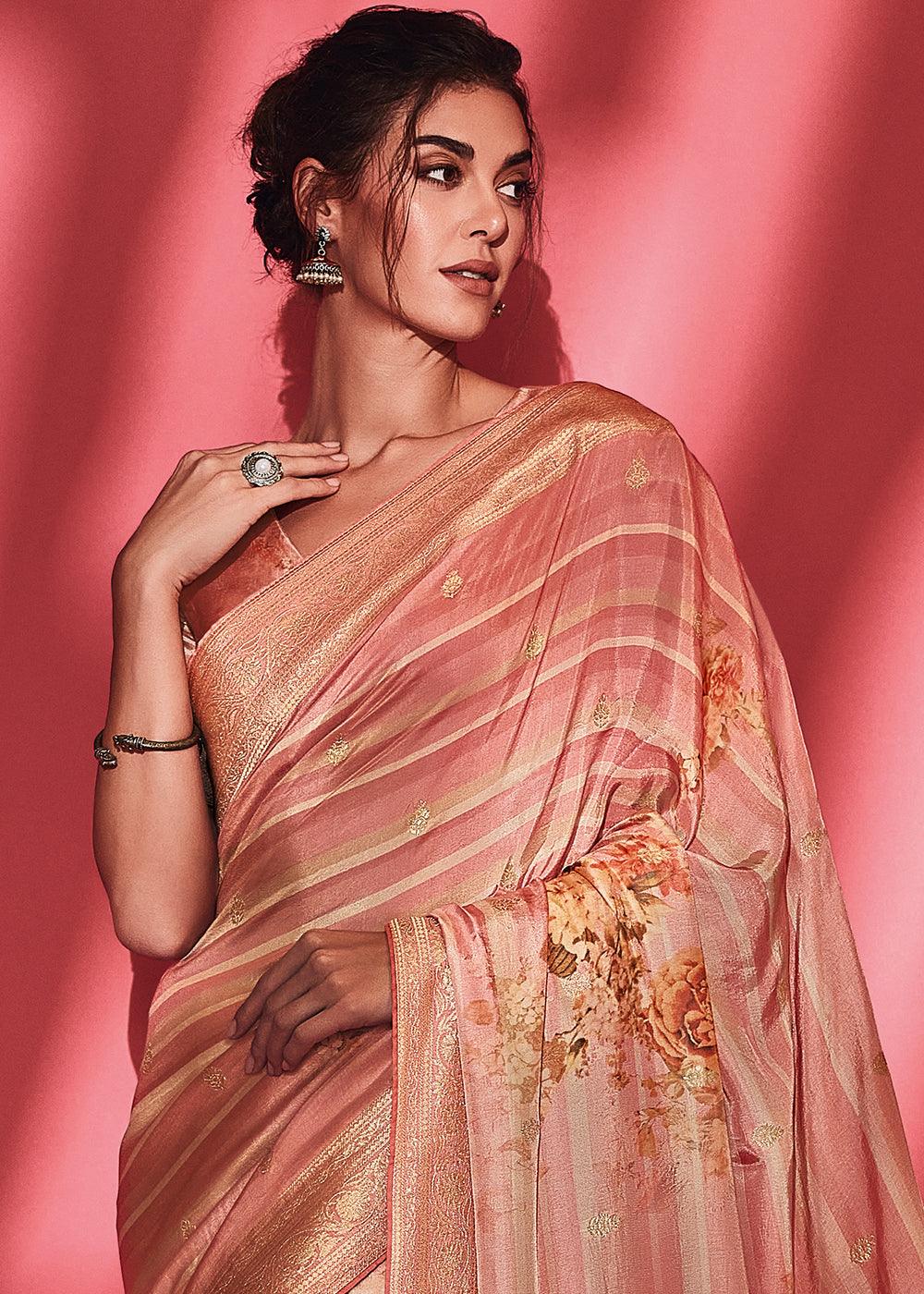 Shades Of Pink Floral Printed Woven Viscose Silk Saree - qivii