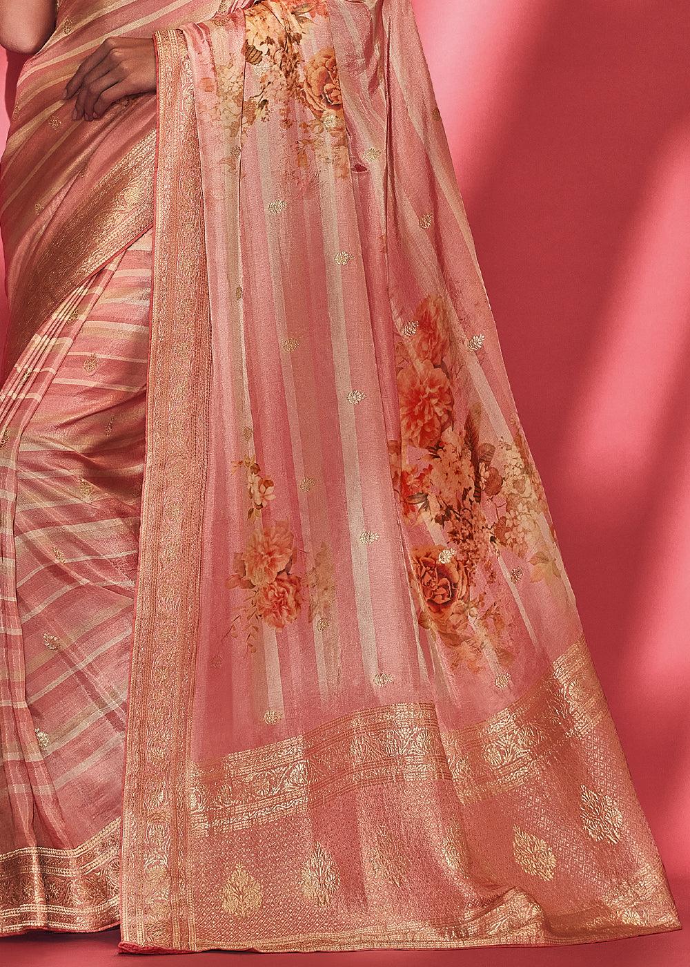 Shades Of Pink Floral Printed Woven Viscose Silk Saree - qivii