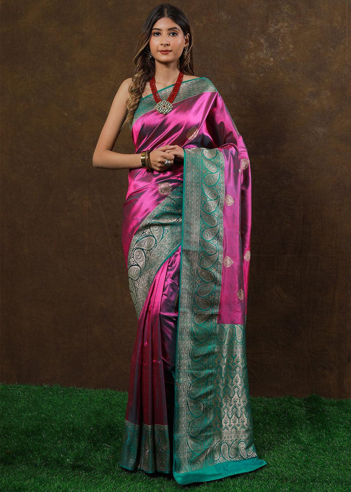 Shades Of Pink Hand Woven Pure Katan Silk Saree | Stitched Blouse - qivii