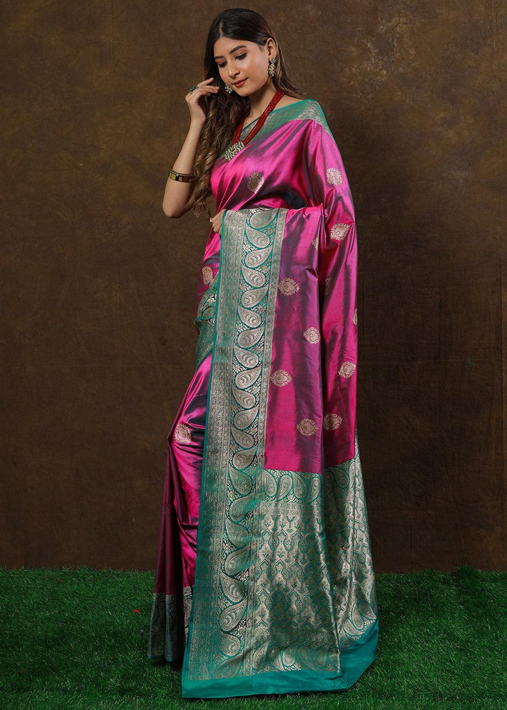 Shades Of Pink Hand Woven Pure Katan Silk Saree | Stitched Blouse - qivii