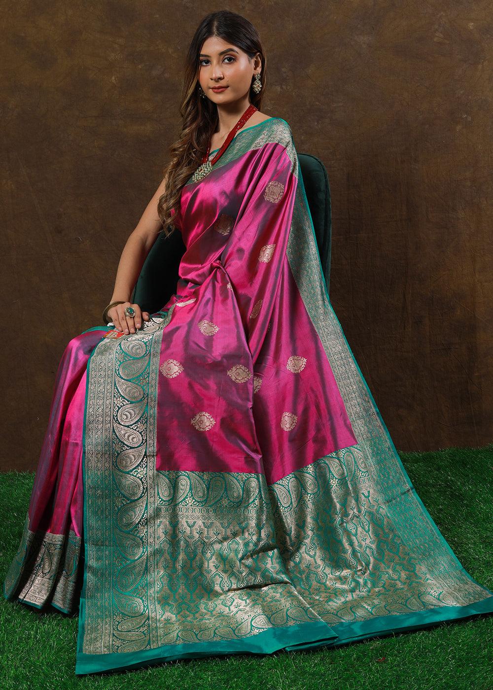 Shades Of Pink Hand Woven Pure Katan Silk Saree | Stitched Blouse - qivii