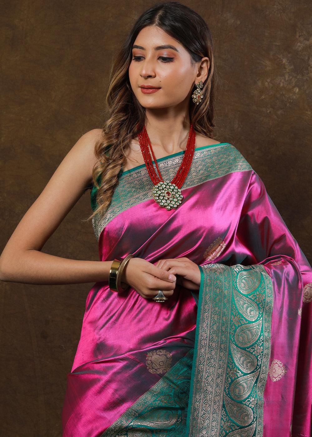 Shades Of Pink Hand Woven Pure Katan Silk Saree | Stitched Blouse - qivii