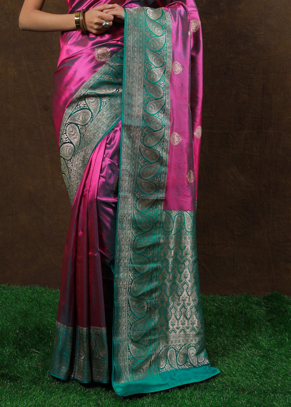 Shades Of Pink Hand Woven Pure Katan Silk Saree | Stitched Blouse - qivii