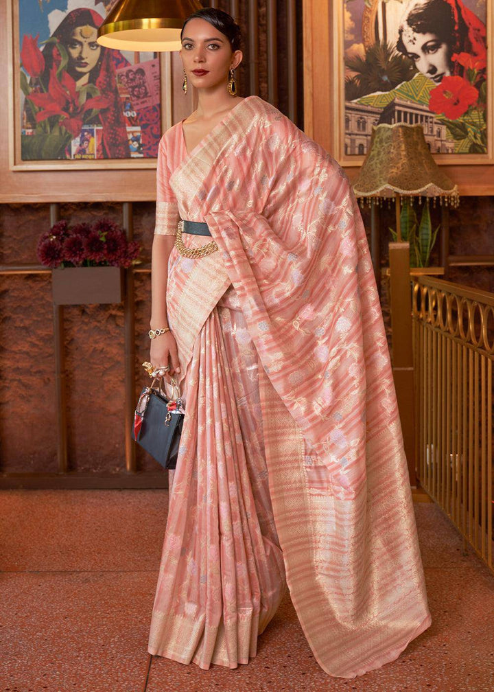 Shades Of Pink Handloom Weaving Linen Silk Saree | Stitched Blouse - qivii