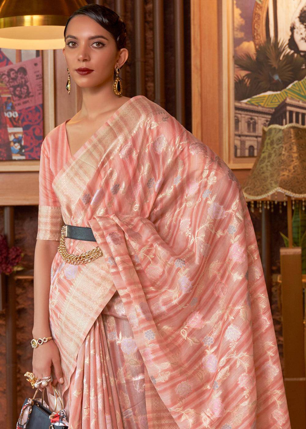 Shades Of Pink Handloom Weaving Linen Silk Saree | Stitched Blouse - qivii