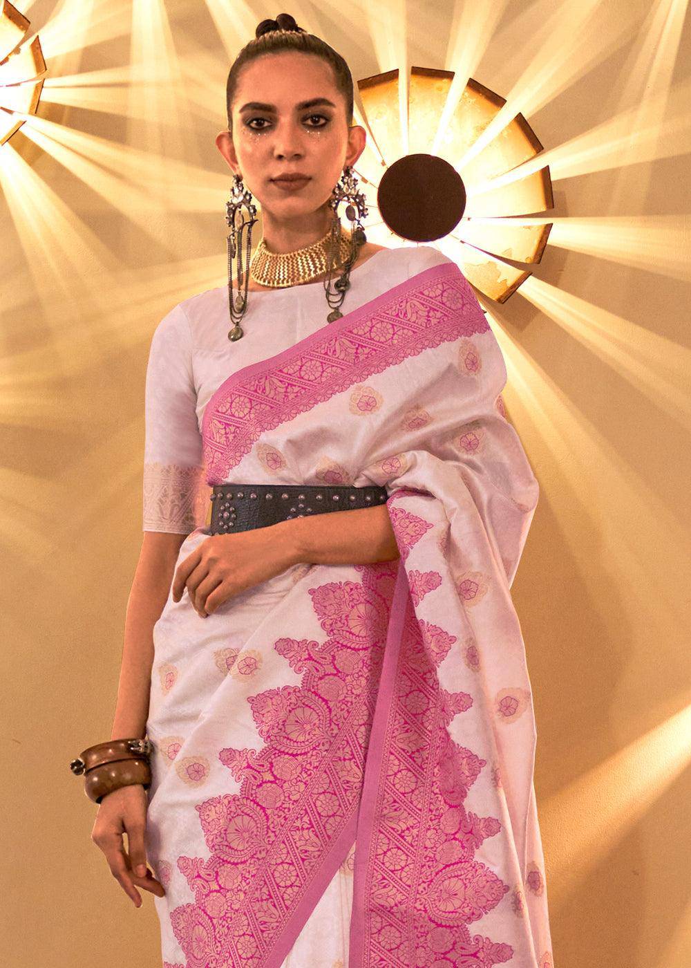 Shades Of Pink Handloom Woven Banarasi Silk Saree | Stitched Blouse - qivii