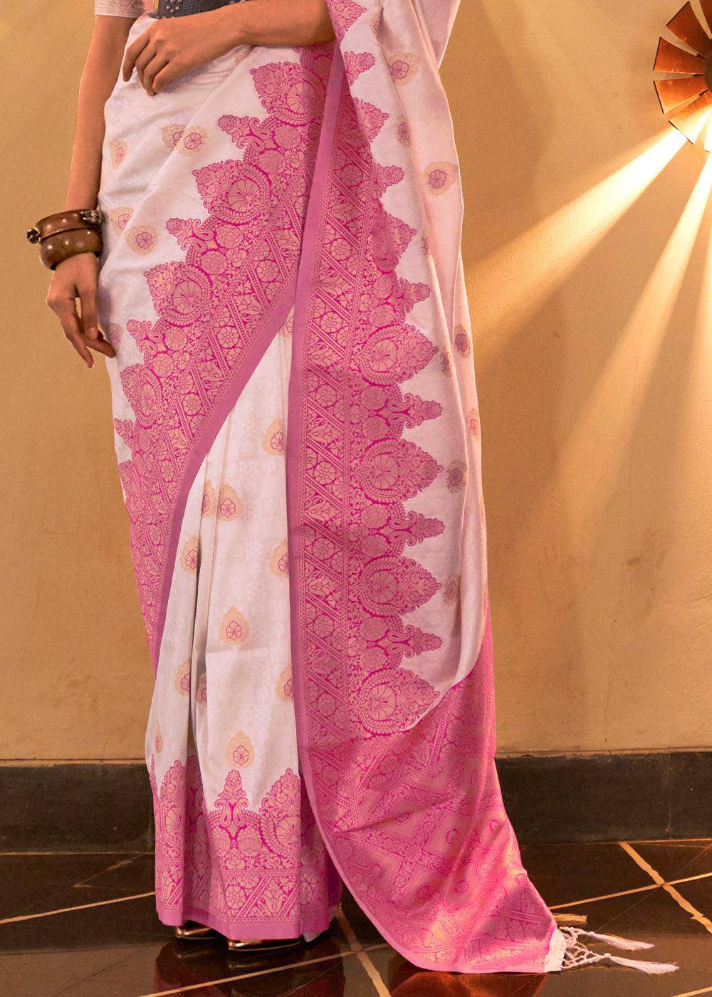 Shades Of Pink Handloom Woven Banarasi Silk Saree | Stitched Blouse - qivii