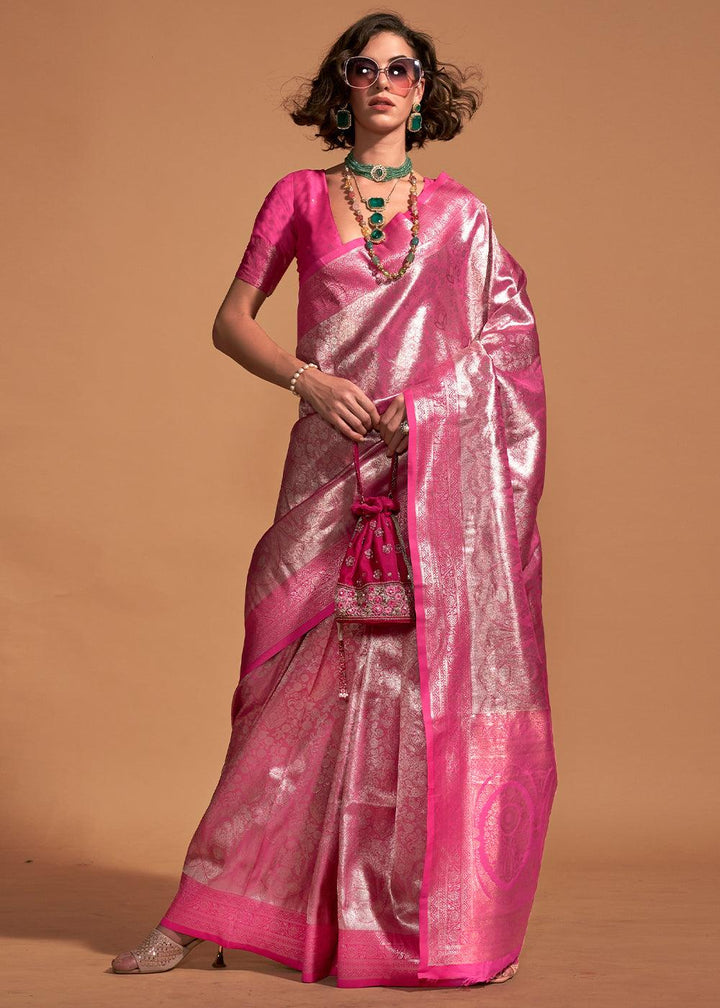 Shades Of Pink Handloom Woven Kanjivaram Silk Saree - qivii